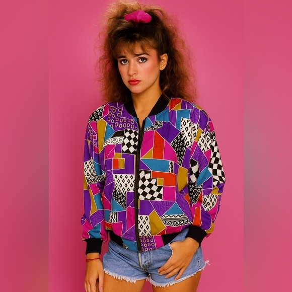 Vintage notations windbreaker jacket, 80s bright colors, purple pink fun 1X - Picture 2 of 9